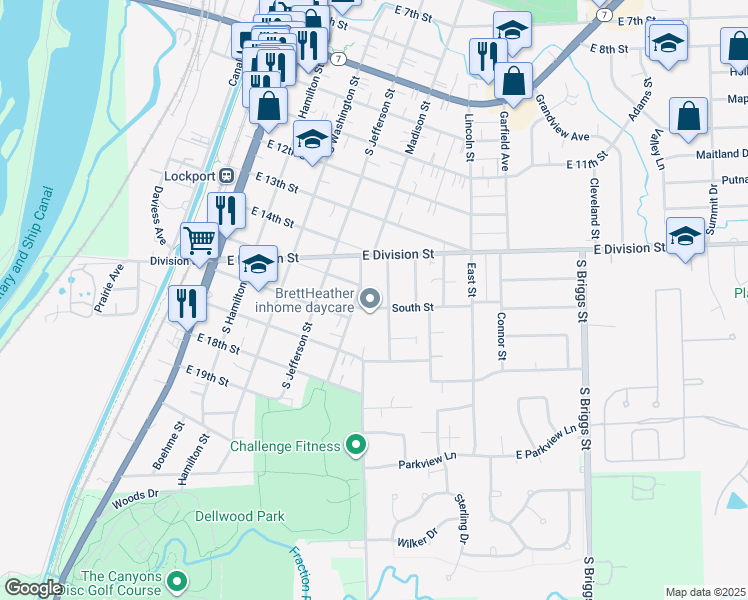 map of restaurants, bars, coffee shops, grocery stores, and more near 1504 Lawrence Avenue in Lockport