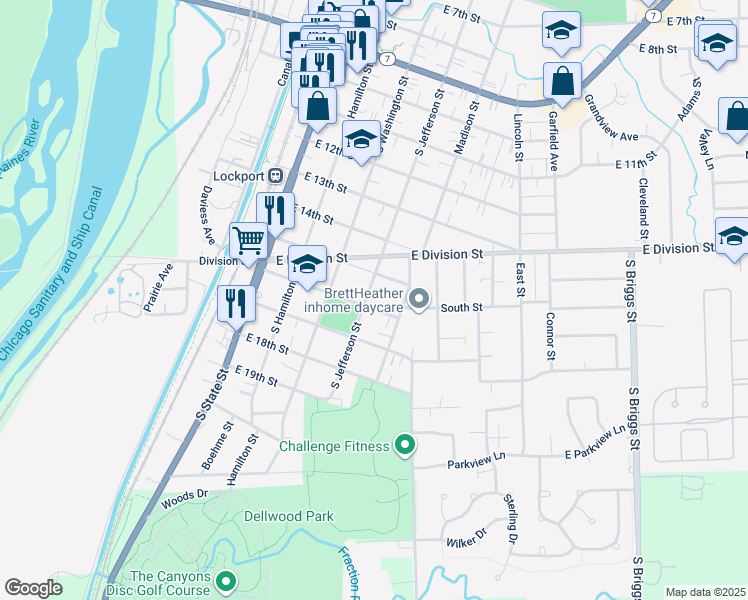 map of restaurants, bars, coffee shops, grocery stores, and more near 1512 South Jefferson Street in Lockport
