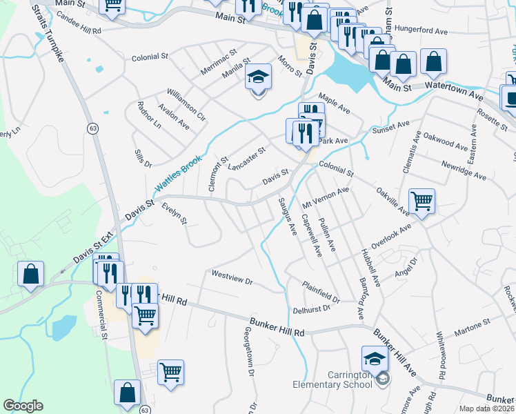 map of restaurants, bars, coffee shops, grocery stores, and more near 97 Woodvine Avenue in Watertown