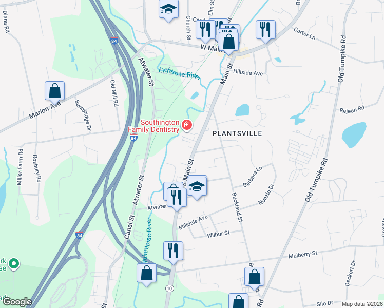 map of restaurants, bars, coffee shops, grocery stores, and more near 965 South Main Street in Southington