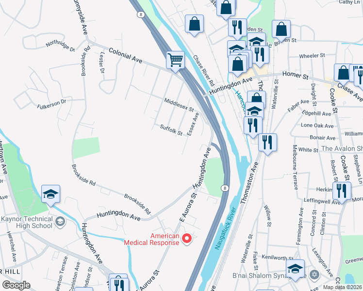 map of restaurants, bars, coffee shops, grocery stores, and more near 15 Suffolk Street in Waterbury