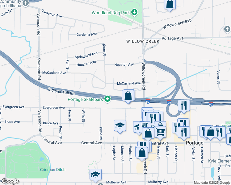map of restaurants, bars, coffee shops, grocery stores, and more near 5901-5999 Newport Avenue in Portage
