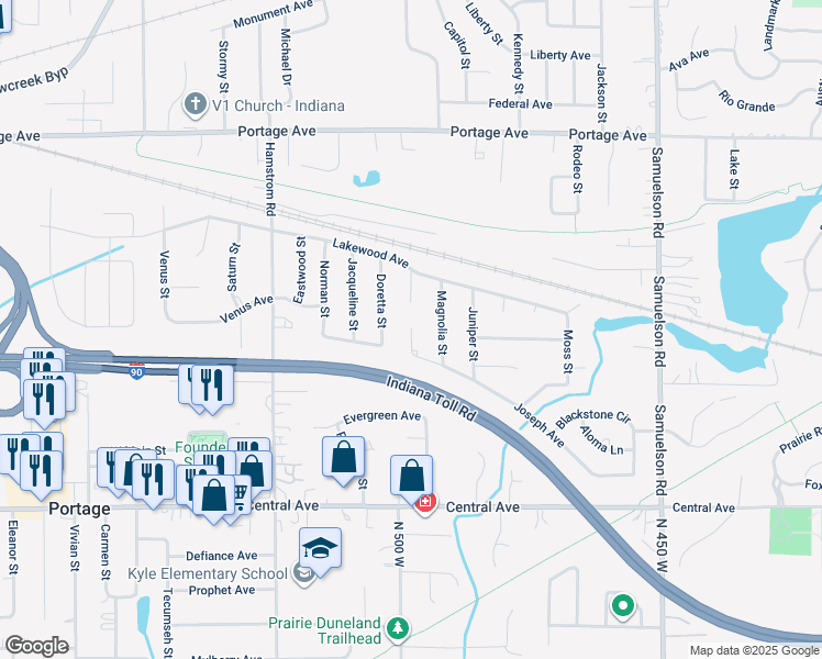 map of restaurants, bars, coffee shops, grocery stores, and more near 6501 Joseph Ave in Portage