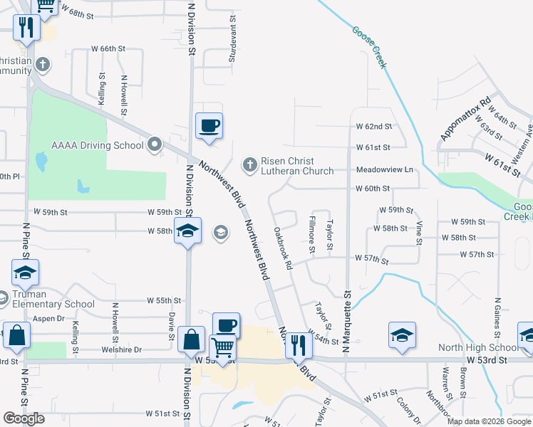 map of restaurants, bars, coffee shops, grocery stores, and more near 5911-5953 Oakbrook Road in Davenport
