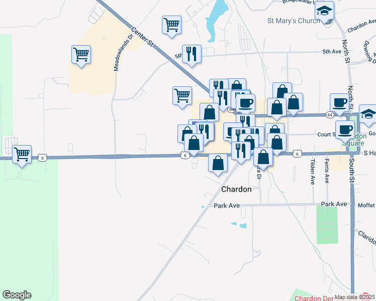map of restaurants, bars, coffee shops, grocery stores, and more near 554 Water Street in Chardon