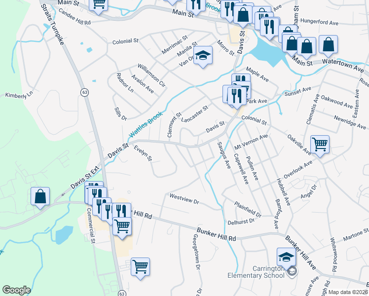 map of restaurants, bars, coffee shops, grocery stores, and more near 378 Davis Street in Watertown