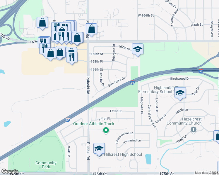 map of restaurants, bars, coffee shops, grocery stores, and more near 16941 Glen Oaks Drive in Country Club Hills