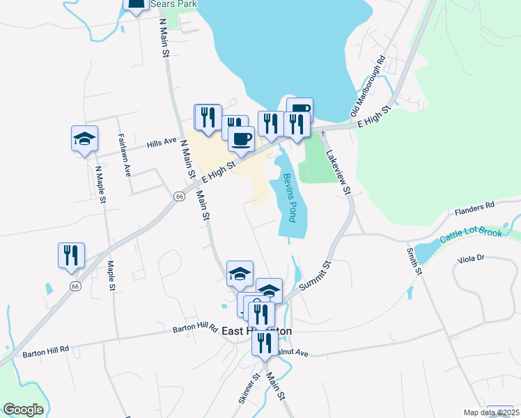 map of restaurants, bars, coffee shops, grocery stores, and more near 28 Bevin Boulevard in East Hampton