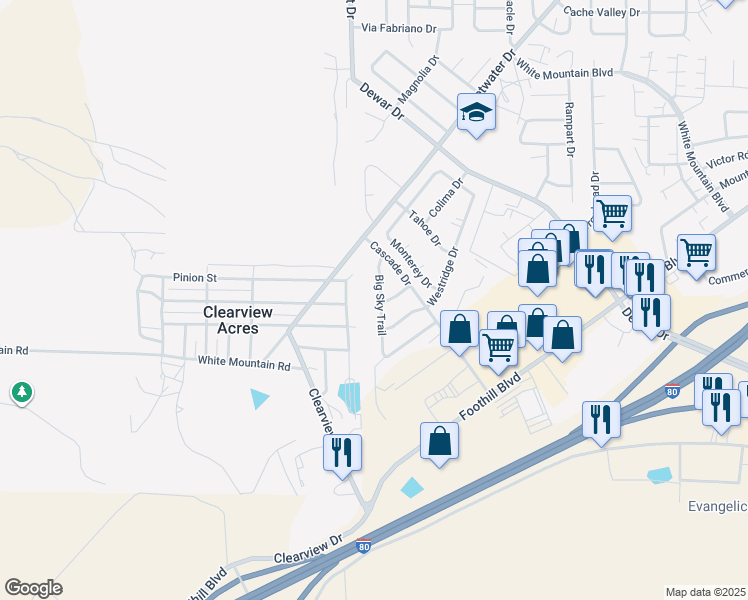 map of restaurants, bars, coffee shops, grocery stores, and more near 2412 Big Sky Trail in Rock Springs