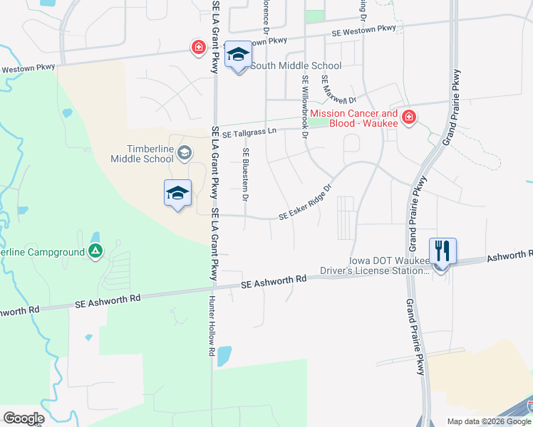 map of restaurants, bars, coffee shops, grocery stores, and more near 455 Southeast Esker Ridge Drive in Waukee
