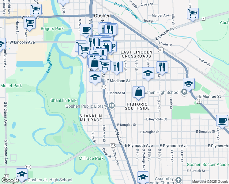 map of restaurants, bars, coffee shops, grocery stores, and more near 428 South 5th Street in Goshen