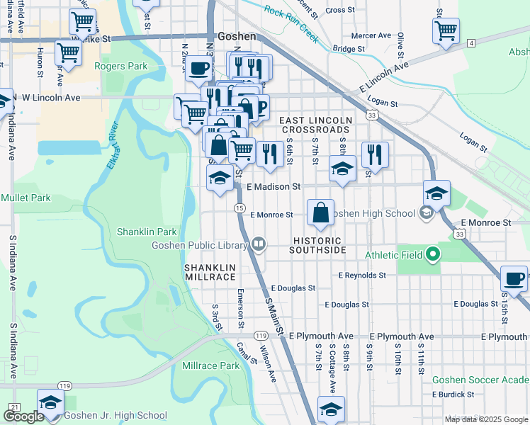map of restaurants, bars, coffee shops, grocery stores, and more near 428 South 5th Street in Goshen