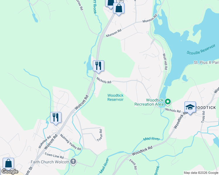 map of restaurants, bars, coffee shops, grocery stores, and more near 31 Nichols Road in Wolcott