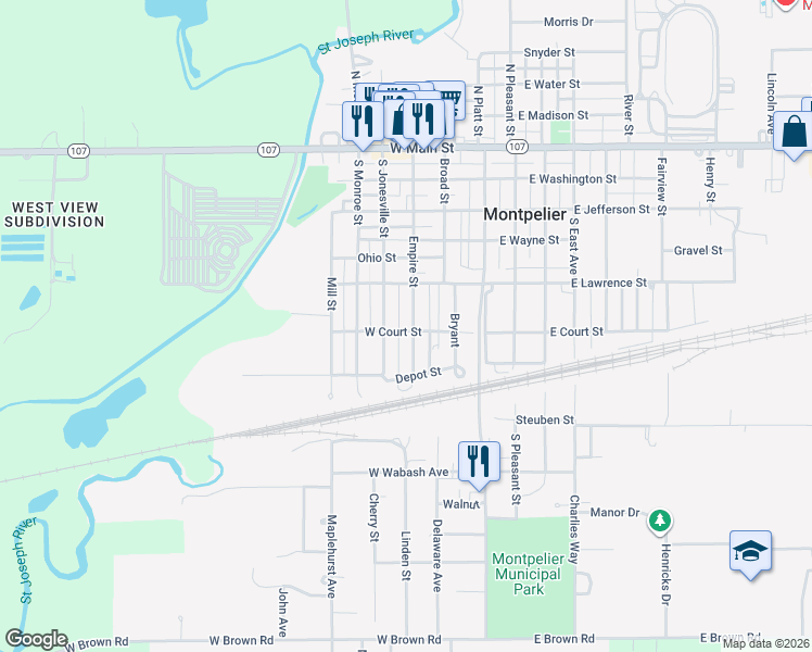 map of restaurants, bars, coffee shops, grocery stores, and more near 528 South Jonesville Street in Montpelier