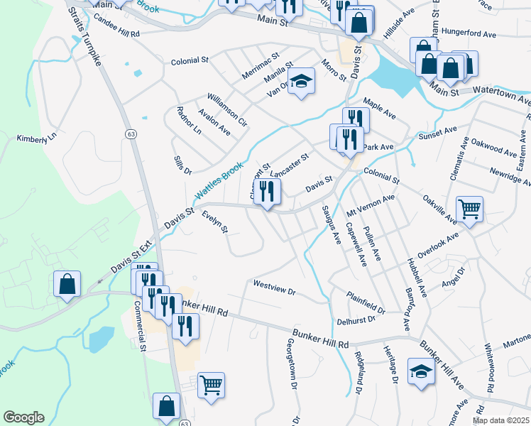 map of restaurants, bars, coffee shops, grocery stores, and more near 416 Davis Street in Watertown