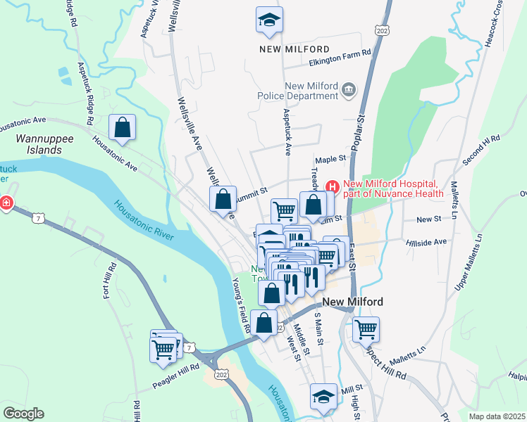 map of restaurants, bars, coffee shops, grocery stores, and more near 17 Terrace Place in New Milford