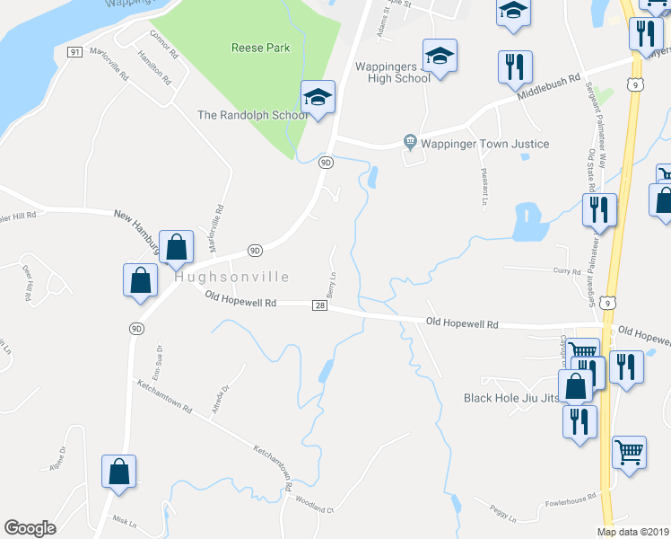 map of restaurants, bars, coffee shops, grocery stores, and more near 48 Berry Lane in Wappingers Falls