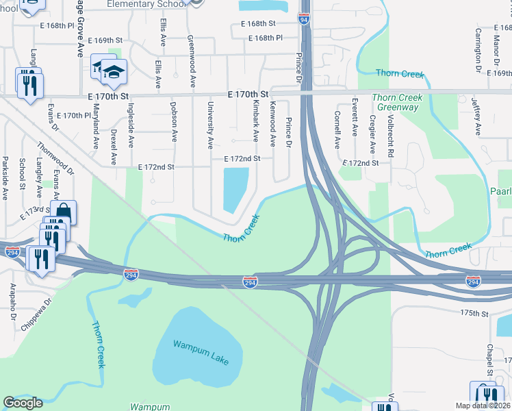 map of restaurants, bars, coffee shops, grocery stores, and more near 17255 Kimbark Avenue in South Holland