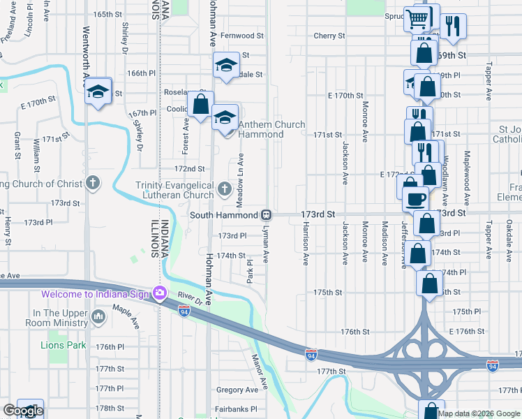 map of restaurants, bars, coffee shops, grocery stores, and more near in Hammond