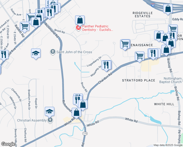map of restaurants, bars, coffee shops, grocery stores, and more near 26675 Whiteway Drive in Richmond Heights