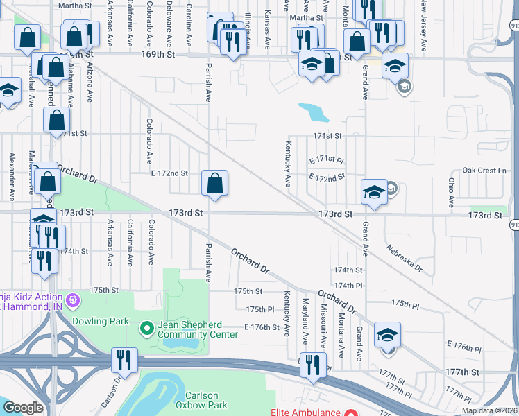 map of restaurants, bars, coffee shops, grocery stores, and more near 3315 173rd Street in Hammond