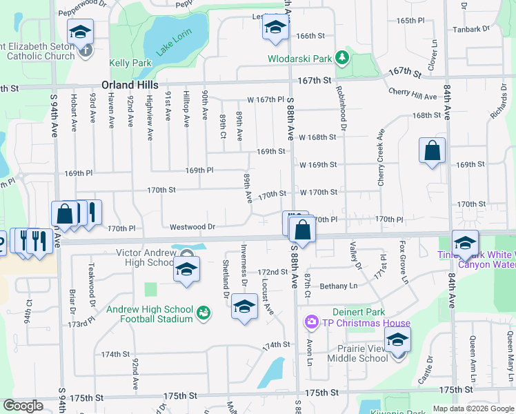map of restaurants, bars, coffee shops, grocery stores, and more near 8829 170th Street in Orland Hills