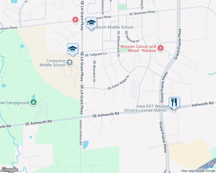 map of restaurants, bars, coffee shops, grocery stores, and more near 455 Southeast Esker Ridge Drive in Waukee