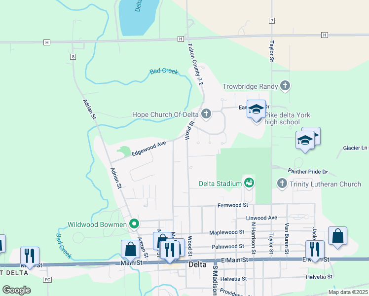 map of restaurants, bars, coffee shops, grocery stores, and more near 534 Wood Street in Delta