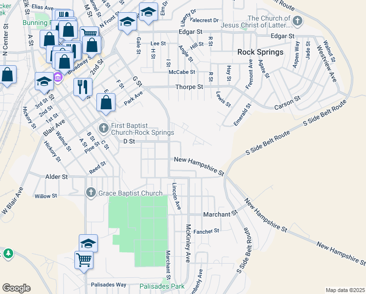 map of restaurants, bars, coffee shops, grocery stores, and more near 705 Pennsylvania Avenue in Rock Springs