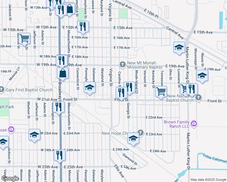 map of restaurants, bars, coffee shops, grocery stores, and more near 2055 Virginia Street in Gary