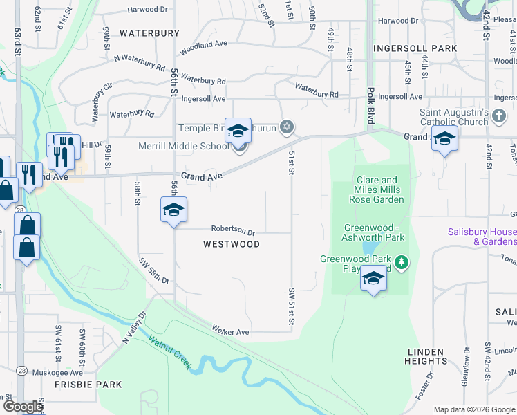 map of restaurants, bars, coffee shops, grocery stores, and more near 314 52nd Street in Des Moines
