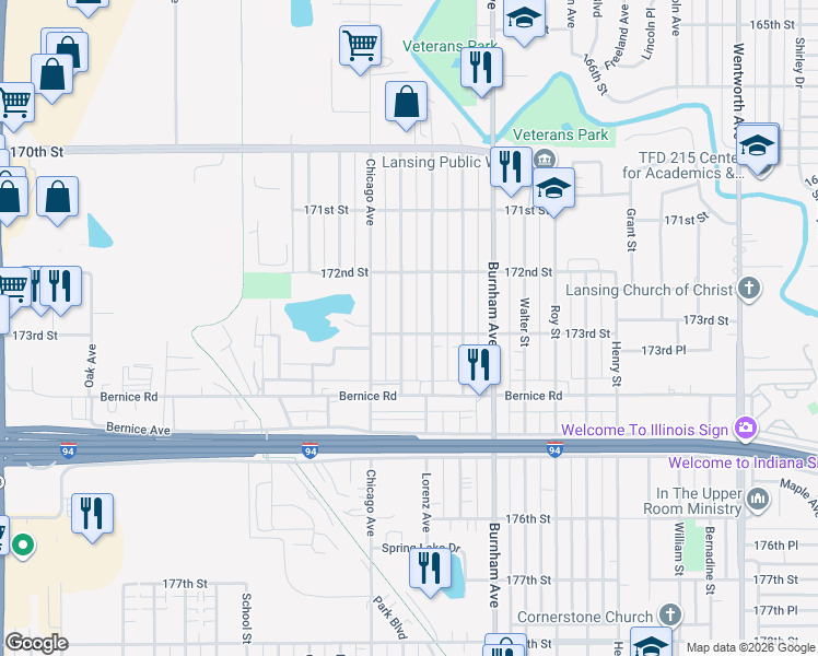 map of restaurants, bars, coffee shops, grocery stores, and more near 17257 Park Avenue in Lansing
