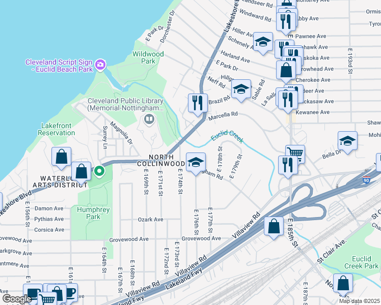 map of restaurants, bars, coffee shops, grocery stores, and more near 17403 Nottingham Road in Cleveland
