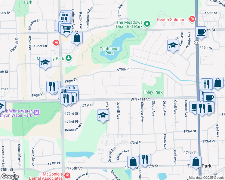 map of restaurants, bars, coffee shops, grocery stores, and more near 17040 Prestwick Drive in Tinley Park