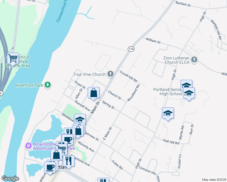 map of restaurants, bars, coffee shops, grocery stores, and more near 14 Church Street in Portland