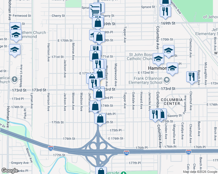 map of restaurants, bars, coffee shops, grocery stores, and more near 914 173rd Street in Hammond