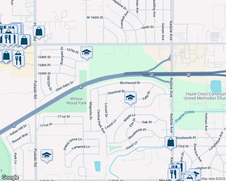 map of restaurants, bars, coffee shops, grocery stores, and more near 3510 Chestnut Drive in Hazel Crest