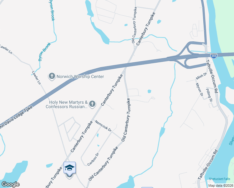map of restaurants, bars, coffee shops, grocery stores, and more near 387 Canterbury Turnpike in Norwich
