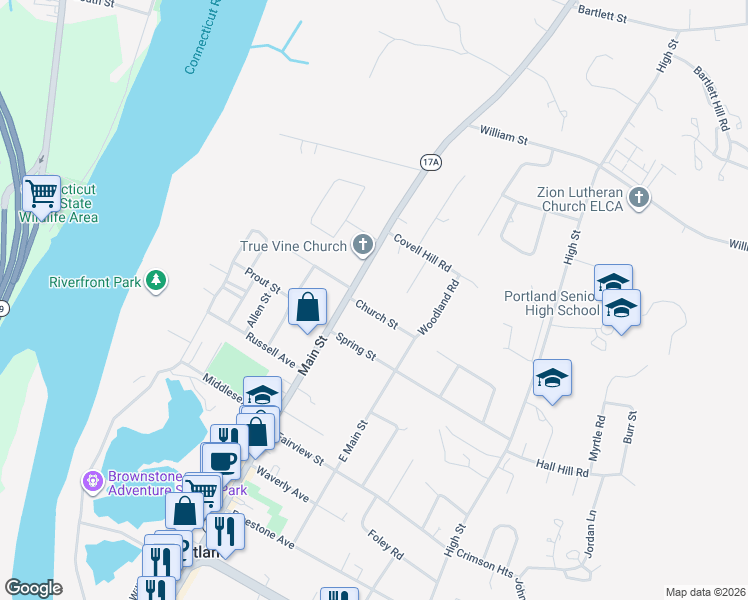 map of restaurants, bars, coffee shops, grocery stores, and more near 14 Church Street in Portland