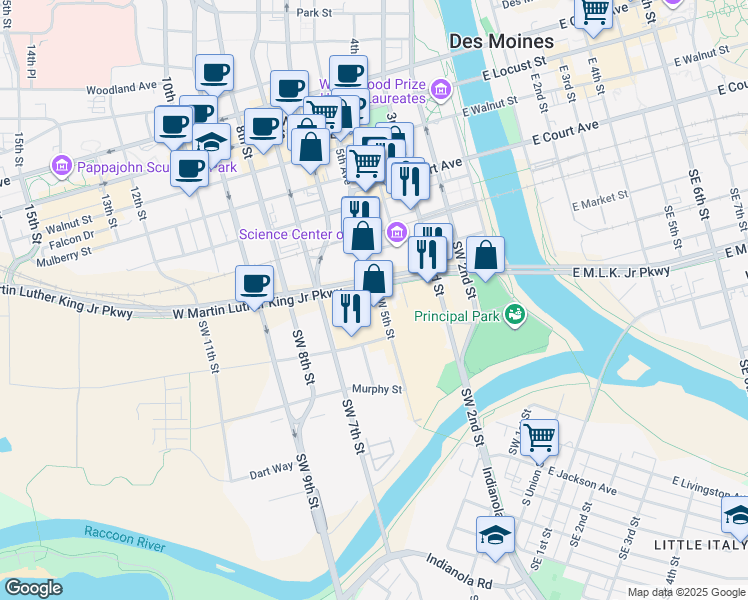 map of restaurants, bars, coffee shops, grocery stores, and more near 512 Elm Street in Des Moines