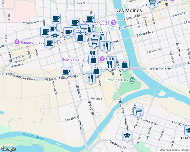 map of restaurants, bars, coffee shops, grocery stores, and more near 512 Elm Street in Des Moines