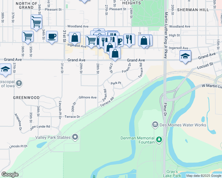 map of restaurants, bars, coffee shops, grocery stores, and more near 236 Park Place in Des Moines