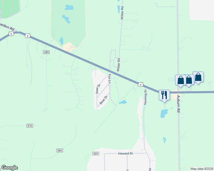map of restaurants, bars, coffee shops, grocery stores, and more near 410 Beaver Drive in Chardon