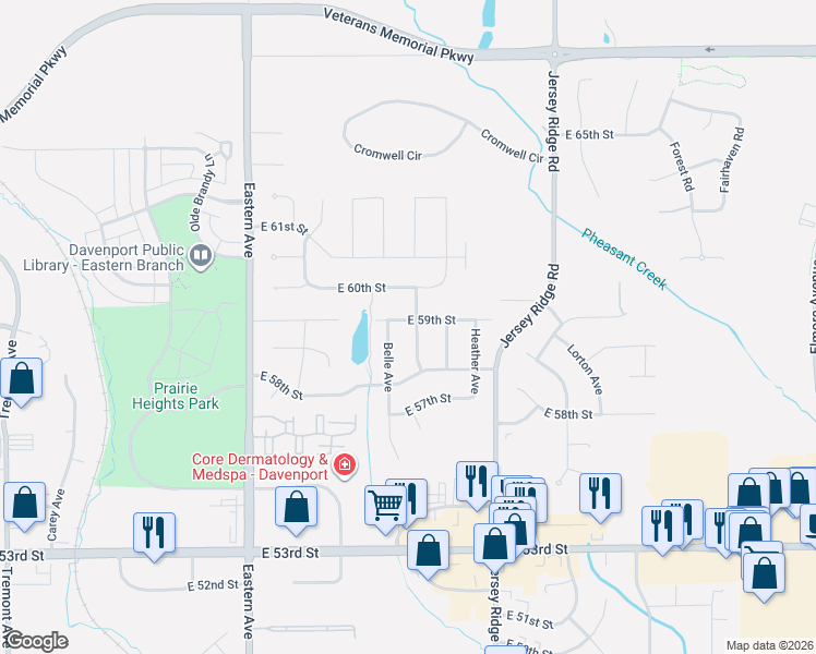 map of restaurants, bars, coffee shops, grocery stores, and more near 2204 E 59th St in Davenport