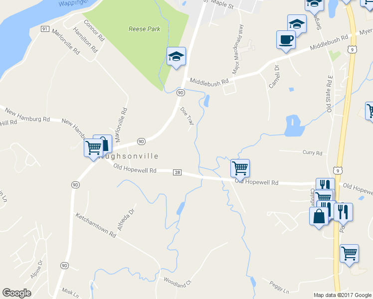 map of restaurants, bars, coffee shops, grocery stores, and more near 44 Berry Lane in Wappingers Falls