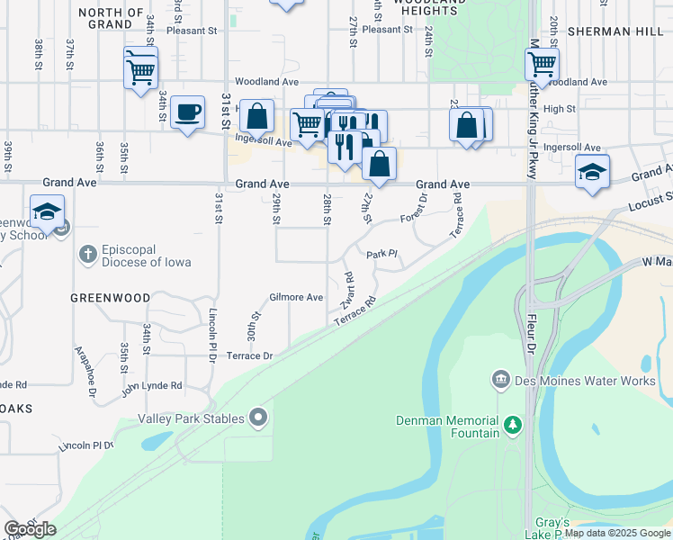 map of restaurants, bars, coffee shops, grocery stores, and more near 2750 Forest Drive in Des Moines