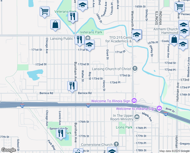 map of restaurants, bars, coffee shops, grocery stores, and more near 17239 Community Street in Lansing