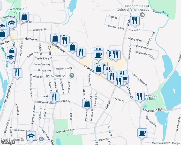 map of restaurants, bars, coffee shops, grocery stores, and more near 300 Chase Avenue in Waterbury