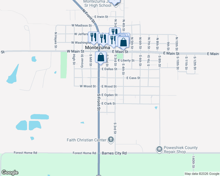 map of restaurants, bars, coffee shops, grocery stores, and more near 501 South 2nd Street in Montezuma
