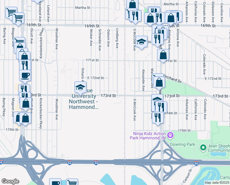 map of restaurants, bars, coffee shops, grocery stores, and more near 2519 173rd Street in Hammond